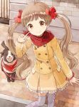  1girl ahoge bangs bow bracelet brown_eyes brown_hair buttons coat dog hair_bow hakozaki_serika idolmaster idolmaster_million_live! jewelry leash long_hair long_sleeves looking_at_viewer nasuna outdoors scarf smile solo standing thigh-highs twintails very_long_hair 