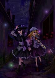  absurdres alley chen chen_(cat) gap glowing glowing_eyes highres holding_hands ko_kita maribel_hearn nekomata night night_sky orange_eyes red_eyes sky star_(sky) touhou usami_renko 