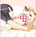  artist_request bikini_top black_hair breasts brown_eyes cat character_request copyright_request huge_breasts lying on_back pillow sideboob 