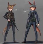  2girls a-545 aek-971 ak-74 ak-74m animal_ears blonde_hair blue_eyes dreadtie flat_chest fox_ears fox_tail green_eyes gun highres multiple_girls original redhead short_hair svetlana_nestrovna_sorokina tail weapon 