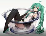  1girl ahoge boots detached_sleeves green_eyes green_hair hatsune_miku high_heels in_container long_hair looking_at_viewer minigirl necktie sitting skirt solo thigh-highs thigh_boots twintails very_long_hair vocaloid zen_o 