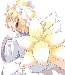  1girl :d blonde_hair dress fox_tail hat looking_at_viewer looking_back multiple_tails natsu_no_koucha open_mouth short_hair sitting smile sweat tail touhou wide_sleeves yakumo_ran yellow_eyes 