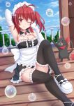  1girl absurdres apron cat elbow_gloves gloves highres kazenokaze looking_at_viewer maid maid_headdress one_eye_closed original red_eyes redhead side_ponytail smile solo thigh-highs 
