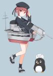  1girl :o bird blue_background clothes_writing failure_penguin full_body hat highres kantai_collection leg_up long_sleeves machinery miss_cloud open_mouth penguin red_eyes redhead sailor_collar sailor_hat seedflare short_hair simple_background solo turret z3_max_schultz_(kantai_collection) 