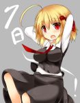  1girl ahoge alternate_breast_size blonde_hair blush breasts hair_ribbon large_breasts looking_at_viewer open_mouth red_eyes ribbon rumia short_hair simple_background skirt solo touhou us2s 
