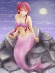  1girl free! full_body full_moon long_hair maoshim matsuoka_gou mermaid monster_girl moon navel ponytail red_eyes redhead reflection scales sitting_on_rock solo very_long_hair 