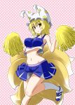  1girl blonde_hair blush breasts cheerleader fox_tail hat kousei_(public_planet) midriff multiple_tails navel open_mouth pom_poms short_hair skirt solo tail touhou yakumo_ran yellow_eyes 