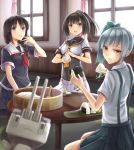  3girls akizuki_(kantai_collection) bangs black_hair black_serafuku blue_eyes blunt_bangs braid brown_eyes chou-10cm-hou-chan collared_shirt finger_licking food green_eyes grey_skirt high_ponytail highres kantai_collection kasumi_(kantai_collection) kirieroido_iii licking multiple_girls neckerchief no_gloves onigiri pleated_skirt sailor_collar school_uniform serafuku shigure_(kantai_collection) side_ponytail silver_hair single_braid skirt suspenders_pull white_skirt 