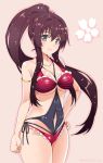 1girl blush breasts brown_eyes brown_hair cherry_blossoms flower hair_flower hair_ornament hand_on_hip kantai_collection large_breasts long_hair looking_at_viewer mizuki_makoto navel_cutout ponytail smile solo swimsuit very_long_hair yamato_(kantai_collection) 