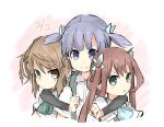  &gt;:) 3girls arm_warmers asagumo_(kantai_collection) blue_eyes brown_hair daiyamaimo dated dress_shirt hair_ribbon hair_rings kantai_collection long_hair michishio_(kantai_collection) multiple_girls ooshio_(kantai_collection) purple_hair ribbon shirt short_hair short_twintails suspenders twintails violet_eyes yellow_eyes 