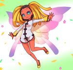  1girl black_hair blue_eyes bodysuit fairy fairy_wings flower gradient gradient_background hua-po long_sleeves no_pupils nollety red_skin shin_megami_tensei short_hair smile solo wings 