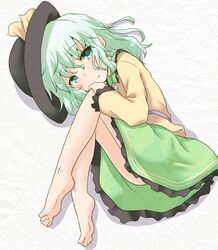  1girl barefoot fetal_position frilled_skirt frilled_sleeves frills green_eyes green_hair hat komeiji_koishi natsu_no_koucha shirt short_hair skirt touhou 