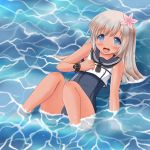  1girl bare_shoulders blonde_hair blue_eyes blue_swimsuit bracelet flower hair_flower hair_ornament hibiscus jewelry kantai_collection long_hair looking_at_viewer neckerchief one-piece_swimsuit open_mouth partially_submerged riku_(rikkuru) ro-500_(kantai_collection) smile solo swimsuit tan water 