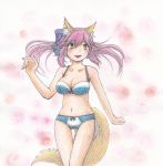  1girl animal_ears blush bra breasts caster_(fate/extra) cleavage collarbone colored_pencil_(medium) fate/extra fate_(series) fox_ears fox_tail hair_ribbon highres looking_away navel open_mouth panties pink_hair ribbon simple_background solo tail traditional_media twintails underwear underwear_only white_background yamazaki_makoto_na yellow_eyes 