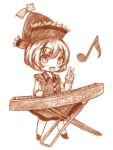  1girl blush hat instrument keyboard_(instrument) lyrica_prismriver monochrome musical_note short_hair solo touhou v yuran_(kuen-hien) 
