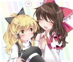  2girls 3: :d ^_^ alternate_hairstyle ascot blonde_hair blush bow braid brown_hair closed_eyes collared_shirt detached_sleeves hair_bow hair_ribbon hair_tubes hairstyle_switch hakurei_reimu hammer_(sunset_beach) hands_clasped happy hat hat_removed headwear_removed heart kirisame_marisa large_bow long_hair multiple_girls open_mouth ponytail ribbon shy single_braid smile spoken_heart touhou tress_ribbon turtleneck vest wavy_hair witch_hat yellow_eyes 