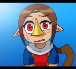  1girl artist_request beak blue_background blush_stickers brown_hair cocked_eyebrow commentary_request long_hair looking_at_viewer medli no_humans open_mouth pointy_ears ponytail reaction red_eyes solo sweatdrop the_legend_of_zelda uneven_eyes wind_waker 