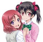  2girls bangs black_hair blush bow bowtie cardigan flo hair_bow holding_hands long_sleeves looking_at_viewer love_live!_school_idol_project multiple_girls nishikino_maki open_mouth red_eyes redhead school_uniform shirt short_hair short_twintails simple_background smile twintails vest violet_eyes white_background white_shirt yazawa_nico yuri 