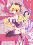  1girl animal_ears black_legwear blonde_hair breasts cat_ears cat_tail cleavage corset detached_sleeves flower hair_flower hair_ornament hairband hinata_momo large_breasts long_hair looking_at_viewer mouth_hold navel original panties pink_legwear ribbon rose solo tail tail_bow tail_ribbon thigh-highs underwear 