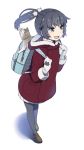  1girl :d backpack bag black_legwear cat cat_hair_ornament cat_print coat hair_ornament loafers mattaku_mousuke mittens open_mouth original pantyhose ponytail shoes simple_background skirt smile solo white_background 
