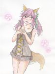  1girl absurdres animal_ears blush breasts caster_(fate/extra) cleavage collarbone colored_pencil_(medium) embarrassed fate/extra fate_(series) fox_ears fox_tail hair_ribbon highres looking_at_viewer open_mouth pink_hair ribbon simple_background solo tail traditional_media twintails underwear underwear_only white_background yamazaki_makoto_na yellow_eyes 