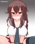  1girl black_legwear blush braid breasts brown_hair cleavage collarbone gradient gradient_background green_eyes kantai_collection large_breasts long_hair marshmallow_mille noshiro_(kantai_collection) pleated_skirt red_skirt single_thighhigh sitting skirt smile solo thigh-highs twin_braids twitter_username 