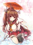  1girl breasts brown_eyes brown_hair hair_ornament highres kantai_collection long_hair oriental_umbrella ponytail single_thighhigh skirt smile solo thigh-highs umbrella vashaps2 yamato_(kantai_collection) 