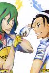  2boys absurdres ahoge blue_eyes fingerless_gloves gloves green_hair hairband hand_in_hair highres huge_filesize incredibly_absurdres long_hair makishima_yuusuke mole mole_under_eye mole_under_mouth multiple_boys purple_hair short_hair smile toudou_jinpachi watanabe_wataru yowamushi_pedal 