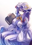  1girl book bow colored crescent dress fal_maro gradient gradient_background hair_bow hair_ornament hat hat_bow highres large_breasts long_hair long_sleeves looking_at_viewer looking_up mob_cap patchouli_knowledge purple_hair simple_background sitting sketch solo striped striped_dress touhou vest violet_eyes wide_sleeves 