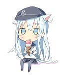  animal_ears black_legwear blue_eyes blue_hair cat_ears cat_tail double_scoop eating food hat hibiki_(kantai_collection) ice_cream ice_cream_cone kantai_collection licking long_hair long_sleeves pleated_skirt sailor_hat school_uniform serafuku shoes simple_background skirt tail tail_wagging thigh-highs tunamayochan white_background 