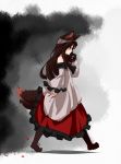  1girl absurdres animal_ears bare_shoulders blood boots brooch brown_hair dress finger_to_mouth fingernails highres imaizumi_kagerou jewelry long_fingernails long_hair looking_away nail_polish red_eyes ryouryou solo tail touhou walking wolf_ears wolf_tail 