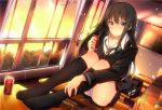  1girl blush brown_hair green_eyes idolmaster idolmaster_cinderella_girls jianren long_hair necktie panties pantyshot phone school_uniform shibuya_rin sitting_on_desk solo underwear 