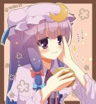  15_(tooka) 1girl blush bow capelet crescent_hair_ornament eating hair_bow hair_ornament hand_on_own_cheek hat hat_bow heart heart-shaped_pupils long_hair patchouli_knowledge purple_hair solo symbol-shaped_pupils touhou violet_eyes 