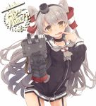  1girl amatsukaze_(kantai_collection) brown_eyes cannon collar collarbone dress garter_straps gloves hair_tubes kantai_collection long_hair oluha open_mouth rensouhou-kun sailor_dress short_dress silver_hair striped striped_legwear taunting thigh-highs turret twintails two_side_up windsock 