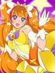  1girl :d amanogawa_kirara bare_shoulders blush brown_hair choker cure_twinkle earrings gloves go!_princess_precure highres jewelry long_hair looking_at_viewer magical_girl multicolored_hair open_mouth precure purple_background redhead smile solo star star_earrings sumemako twintails two-tone_hair violet_eyes white_gloves 