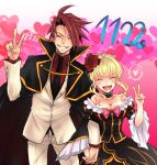  1boy 1girl ^_^ beatrice blonde_hair bow breasts cape choker cleavage closed_eyes dated dress fang flower grin hair_flower hair_ornament heart holding_hands necktie open_mouth redhead revision rose smile sousui_hani spoken_heart umineko_no_naku_koro_ni ushiromiya_battler v wide_sleeves 
