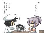  1boy 2girls :t =_= admiral_(kantai_collection) ahoge aoba_(kantai_collection) armband blue_hair bowl chibi chopsticks eating flat_gaze gomasamune hat kantai_collection lavender_hair multiple_girls offering ponytail rice school_uniform serafuku shinkaisei-kan silver_hair sitting skirt soy_sauce table teeth translation_request wo-class_aircraft_carrier 