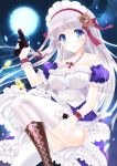  1girl animal_hair_ornament blue_eyes boots braid breasts cleavage full_moon garter_straps grey_hair gun handgun highres maid maid_headdress moon original pistol shell_casing tagme thigh-highs uonuma_yuu weapon white_legwear 