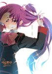  1girl brown_eyes futaki_kanata hair_ornament little_busters!! long_hair purple_hair remotaro school_uniform side_ponytail translation_request 