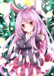  1girl animal_ears bamboo bamboo_forest blazer blush danmaku forest full_moon long_hair looking_at_viewer moon nanase_nao nature night outdoors pointing pointing_at_viewer purple_hair rabbit_ears red_eyes reisen_udongein_inaba skirt smile solo touhou very_long_hair 