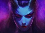  1girl absurdres akasha_the_queen_of_pain angjooyann blue_skirt close-up defense_of_the_ancients dota_2 face highres horns light_smile lips long_hair looking_at_viewer nose purple_hair red_eyes skirt solo 