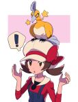  ! 1girl :o alternate_color blue_overalls bow brown_eyes brown_hair cabbie_hat hands_up hat hat_bow highres ho-oh long_hair lyra_(pokemon) on_head overalls pokemon pokemon_(creature) pokemon_(game) pokemon_hgss pokemon_on_head red_bow red_shirt shiny_pokemon shirt spoken_exclamation_mark star_(symbol) sweatdrop twintails tyako_089 w_arms white_headwear 