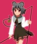  1girl animal_ears anime_coloring basket blush capelet dowsing_rod dress grey_hair jewelry long_sleeves looking_at_viewer mikomiko_(mikomikosu) mouse mouse_ears mouse_tail nazrin pendant red_eyes shirt short_hair simple_background skirt skirt_set solo tail touhou white_shirt 