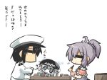  1boy 2girls :t =_= admiral_(kantai_collection) ahoge aoba_(kantai_collection) armband blue_hair bowl chibi chopsticks eating flat_gaze gomasamune hat kantai_collection lavender_hair multiple_girls offering ponytail rice school_uniform serafuku shinkaisei-kan silver_hair sitting skirt soy_sauce table teeth translation_request wo-class_aircraft_carrier 