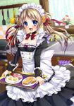  1girl :d bacon blue_eyes breasts brown_hair bucchake_(asami) cleavage food highres long_sleeves maid maid_headdress open_mouth original sink smile sunny_side_up_egg tagme tray twintails 