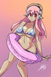  1girl bigdead93 bikini bikini_pull blue_bikini breasts curvy dark_skin headphones highres innertube large_breasts long_hair mound_of_venus nitroplus pink_hair red_eyes solo super_sonico swimsuit tan under_boob 