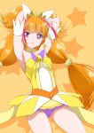  1girl amanogawa_kirara armpits arms_behind_head bare_shoulders choker cure_twinkle earrings go!_princess_precure izuna_masaru jewelry long_hair looking_at_viewer magical_girl multicolored_hair orange_background orange_hair precure redhead solo star star_earrings twintails two-tone_hair violet_eyes 