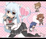  &gt;_&lt; 4girls akatsuki_(kantai_collection) animal_ears artist_request black_eyes black_legwear blue_hair brown_hair cat_ears cat_tail chibi chocolate chocolate_heart closed_eyes commentary_request food food_on_face heart hibiki_(kantai_collection) ikazuchi_(kantai_collection) inazuma_(kantai_collection) kantai_collection long_hair long_sleeves mittens multiple_girls neckerchief no_shoes open_mouth pink_background plate pleated_skirt school_uniform serafuku short_hair simple_background skirt solid_oval_eyes tail tasting thigh-highs twitter_username valentine whisk wrist_cuffs 