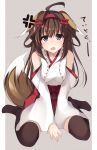  1girl absurdres ahoge alternate_costume anger_vein animal_ears bare_shoulders blue_eyes brown_hair brown_legwear detached_sleeves double_bun fox_ears fox_tail hair_ornament hairband highres kantai_collection kemonomimi_mode kongou_(kantai_collection) long_hair looking_at_viewer netarou no_shoes nontraditional_miko pleated_skirt red_skirt sitting skirt solo tail thigh-highs wariza 