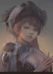  1girl armor blue_eyes breasts cleavage hands_together hat lips long_hair looking_at_viewer original pink_hair profile solo yueyue 